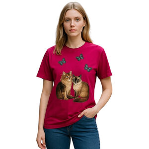 Cat Graphic T-Shirt Womens M Pink Butterflies Animal Tee Catcore Whimsical USA
